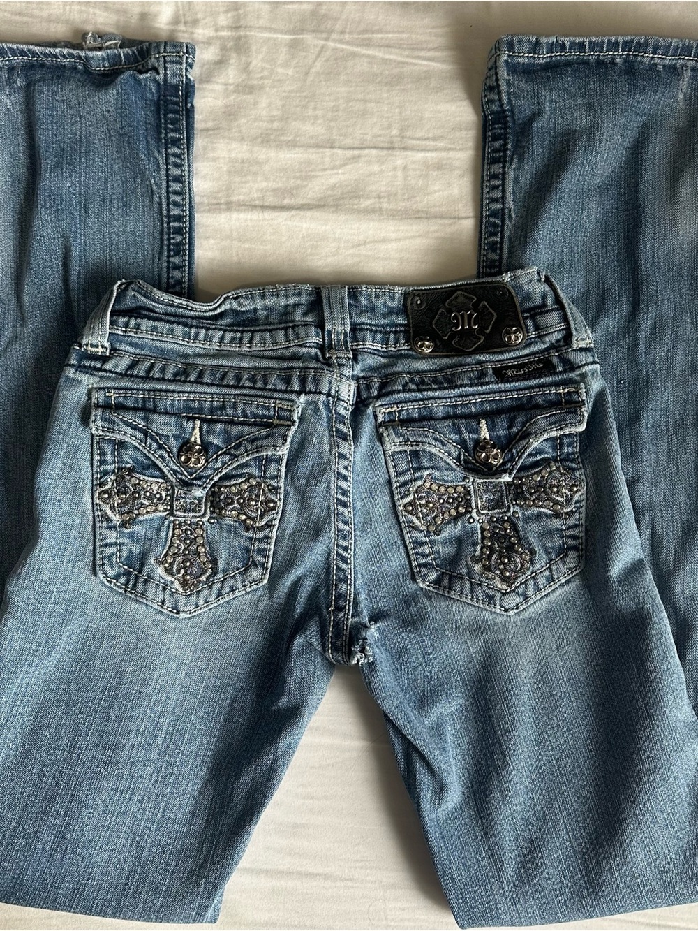 Miss Me Light Blue Boot Cut Jeans with Embellished Cross Pockets